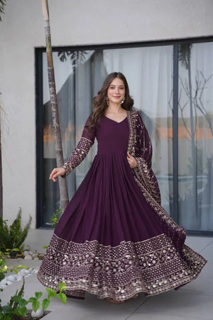 Designer Embroidered Faux Georgette Anarkali Gown with Dupatta