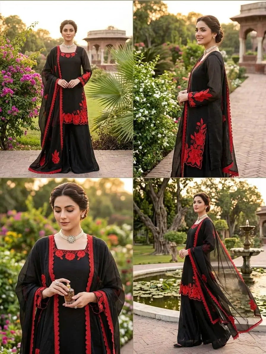 Designer Embroidered Fendy Silk Plazo Set for Festive and Party Wear