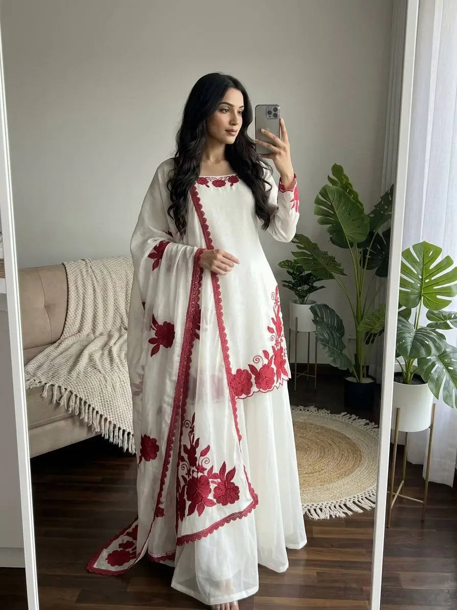 Designer Embroidered Fendy Silk Plazo Set for Festive and Party Wear