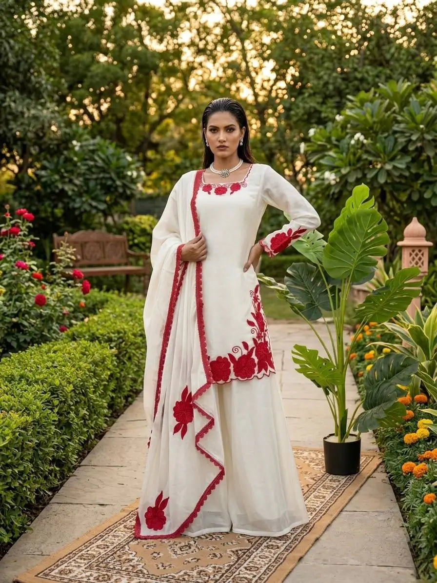 Designer Embroidered Fendy Silk Plazo Set for Festive and Party Wear