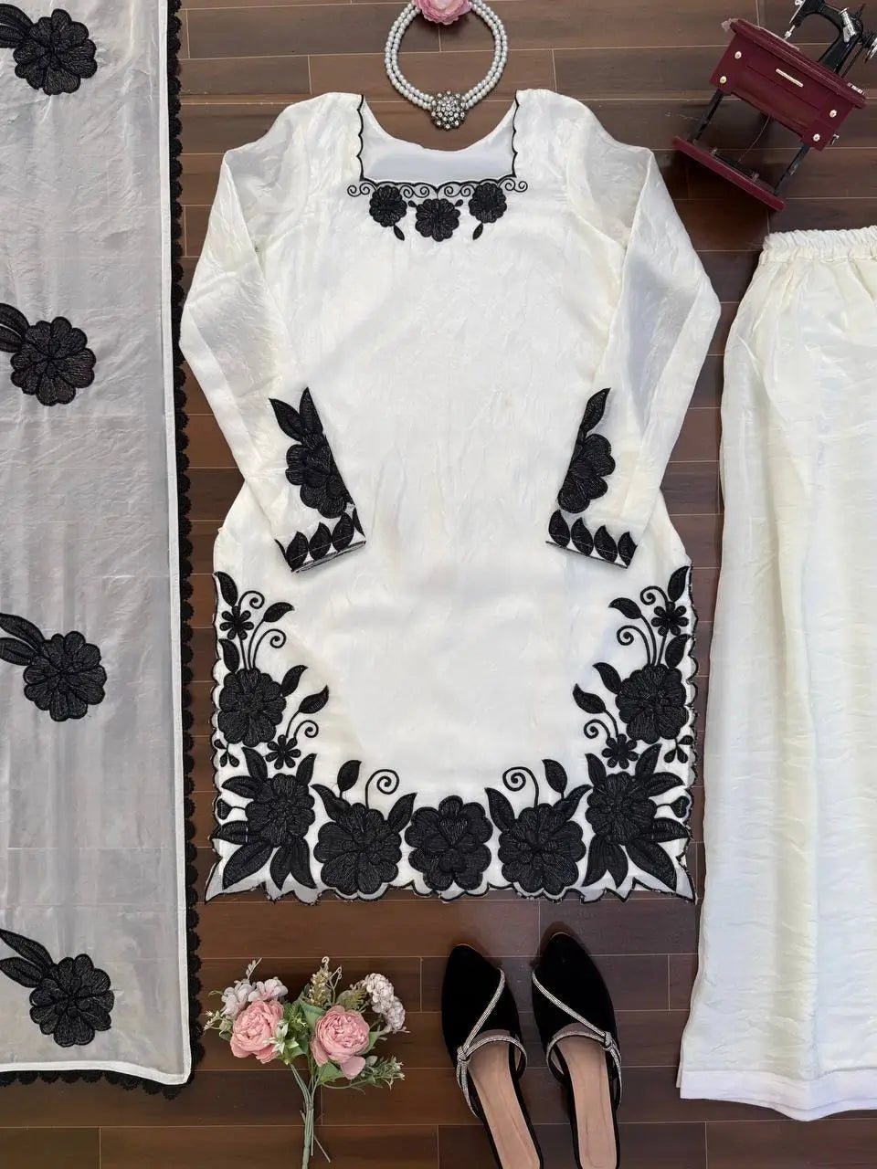 Designer Embroidered Fendy Silk Plazo Set for Festive and Party Wear
