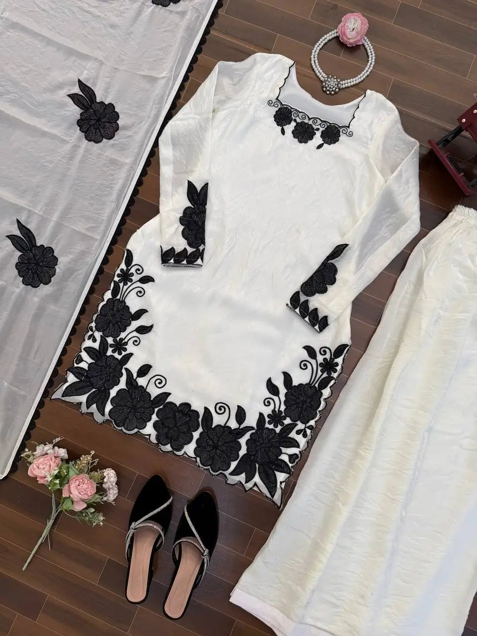 Designer Embroidered Fendy Silk Plazo Set for Festive and Party Wear