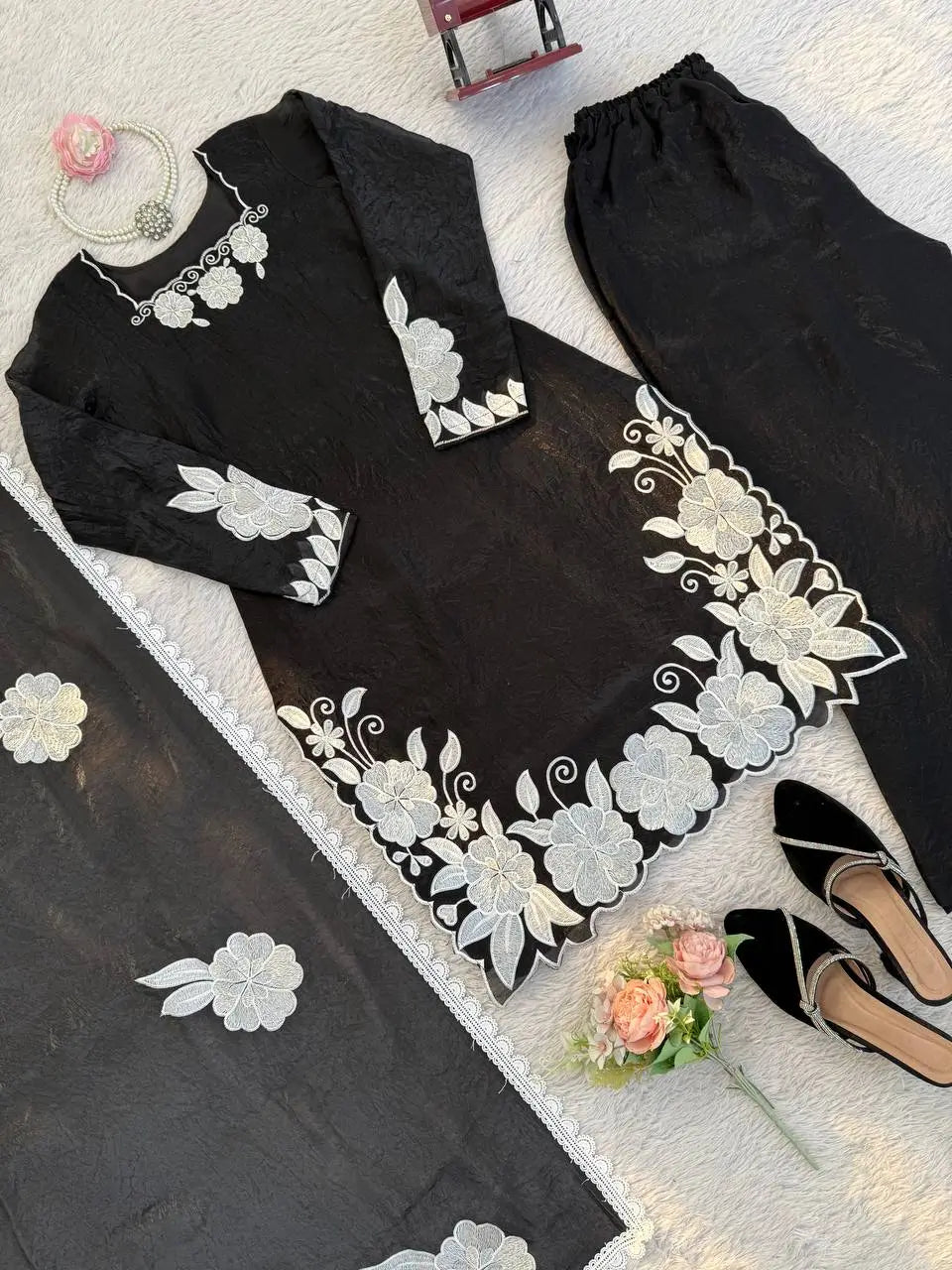 Designer Embroidered Fendy Silk Plazo Set for Festive and Party Wear
