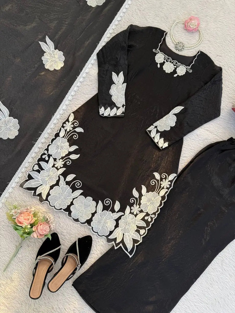 Designer Embroidered Fendy Silk Plazo Set for Festive and Party Wear