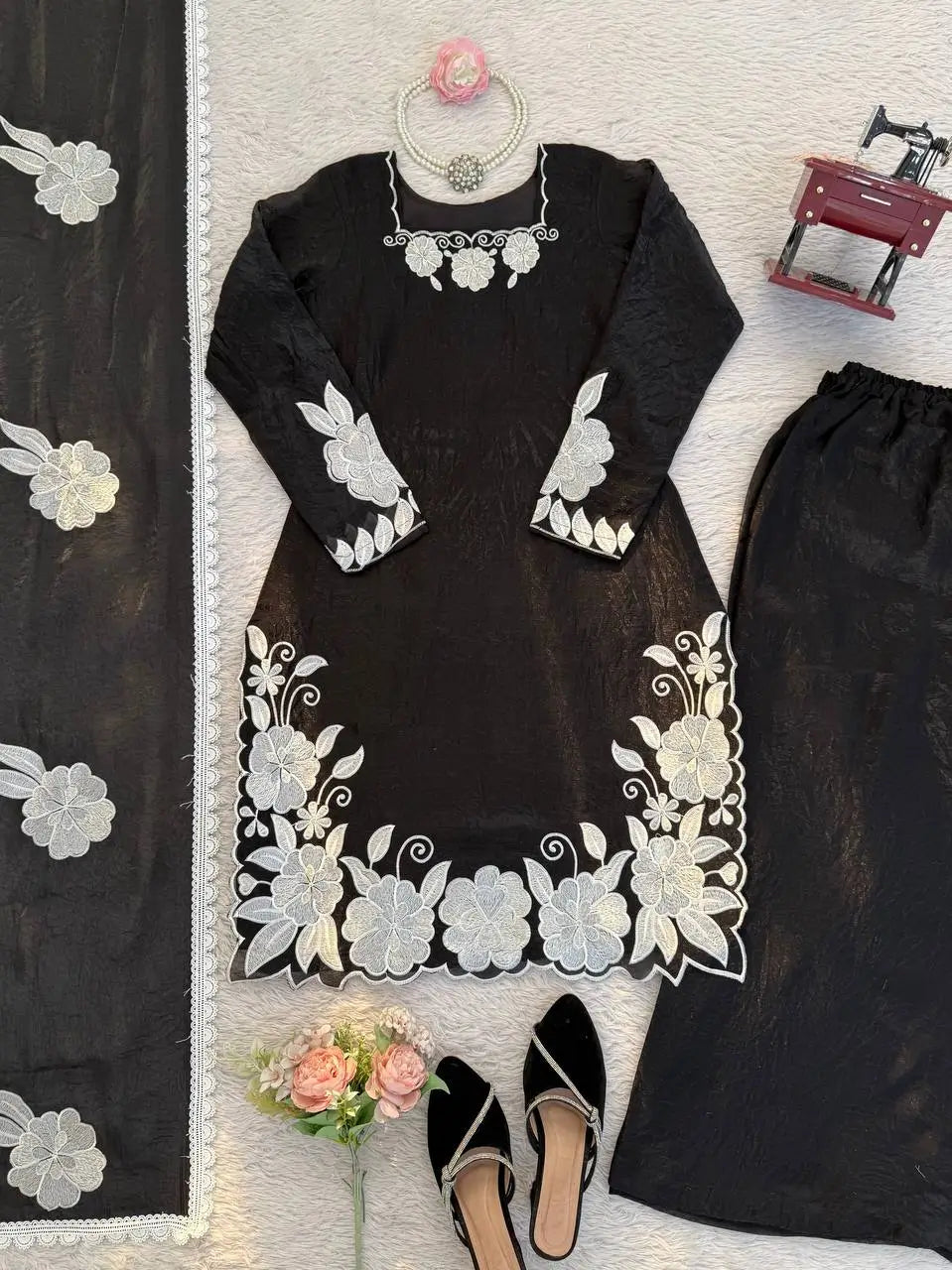 Designer Embroidered Fendy Silk Plazo Set for Festive and Party Wear