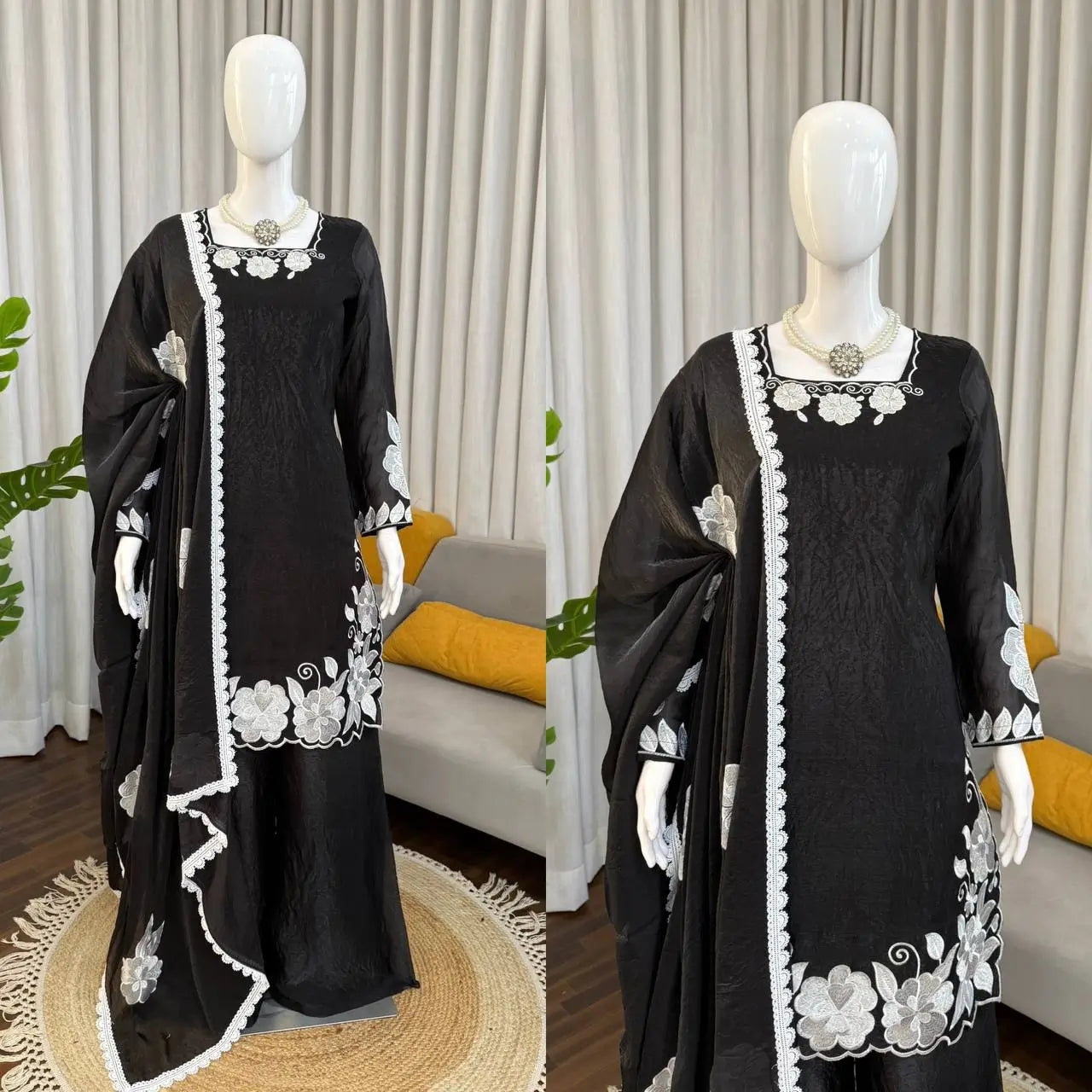 Designer Embroidered Fendy Silk Plazo Set for Festive and Party Wear