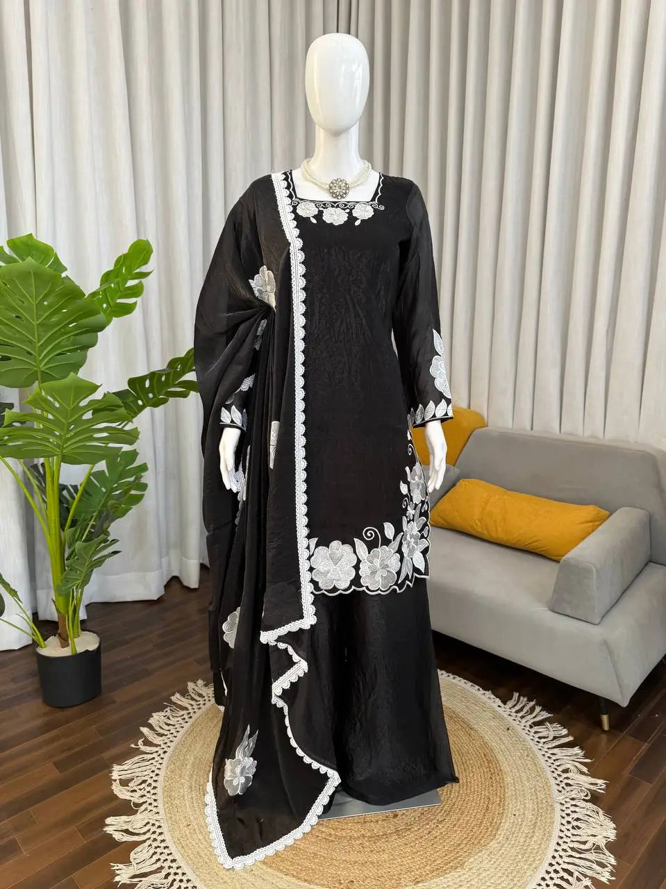 Designer Embroidered Fendy Silk Plazo Set for Festive and Party Wear