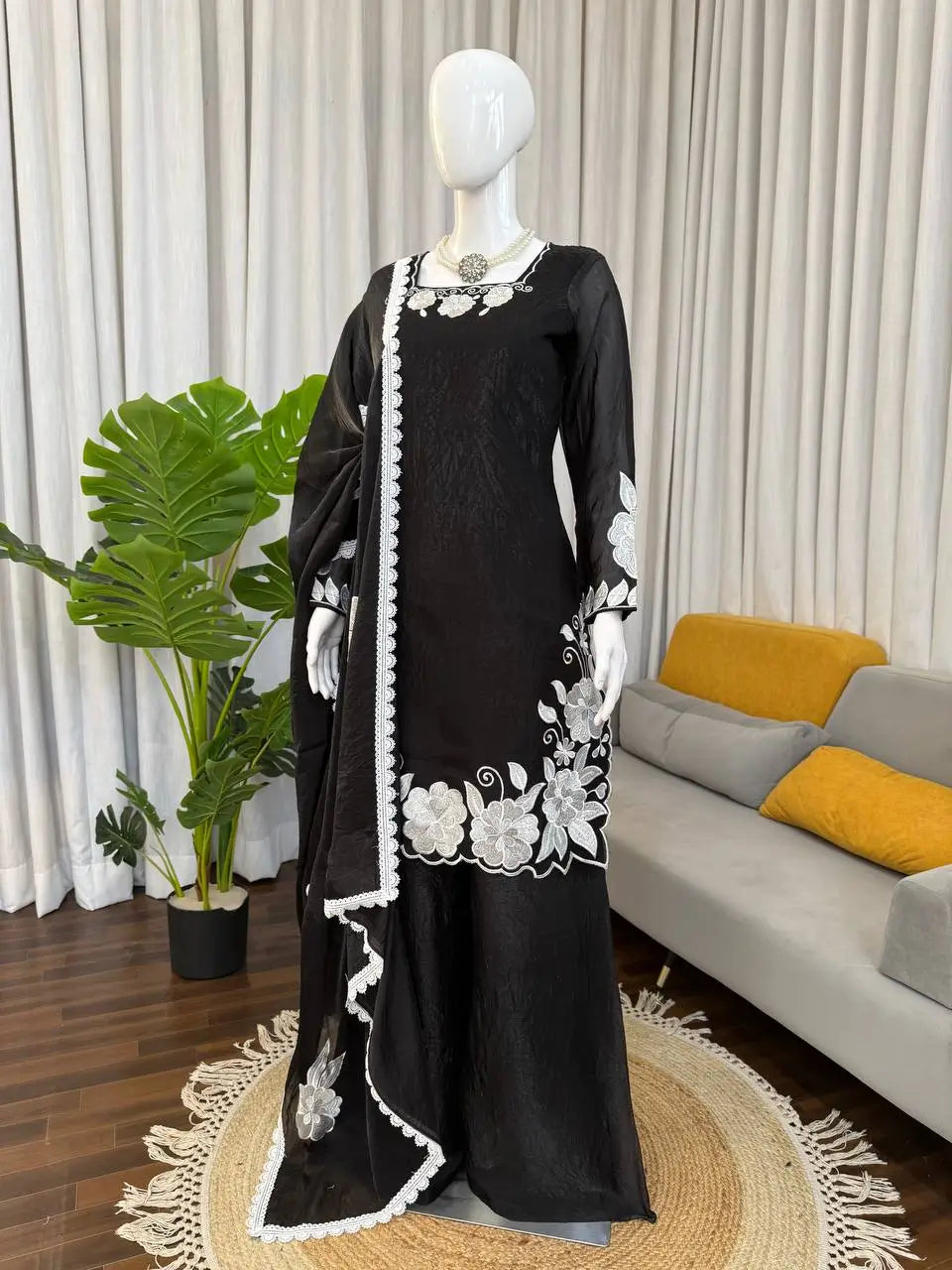 Designer Embroidered Fendy Silk Plazo Set for Festive and Party Wear