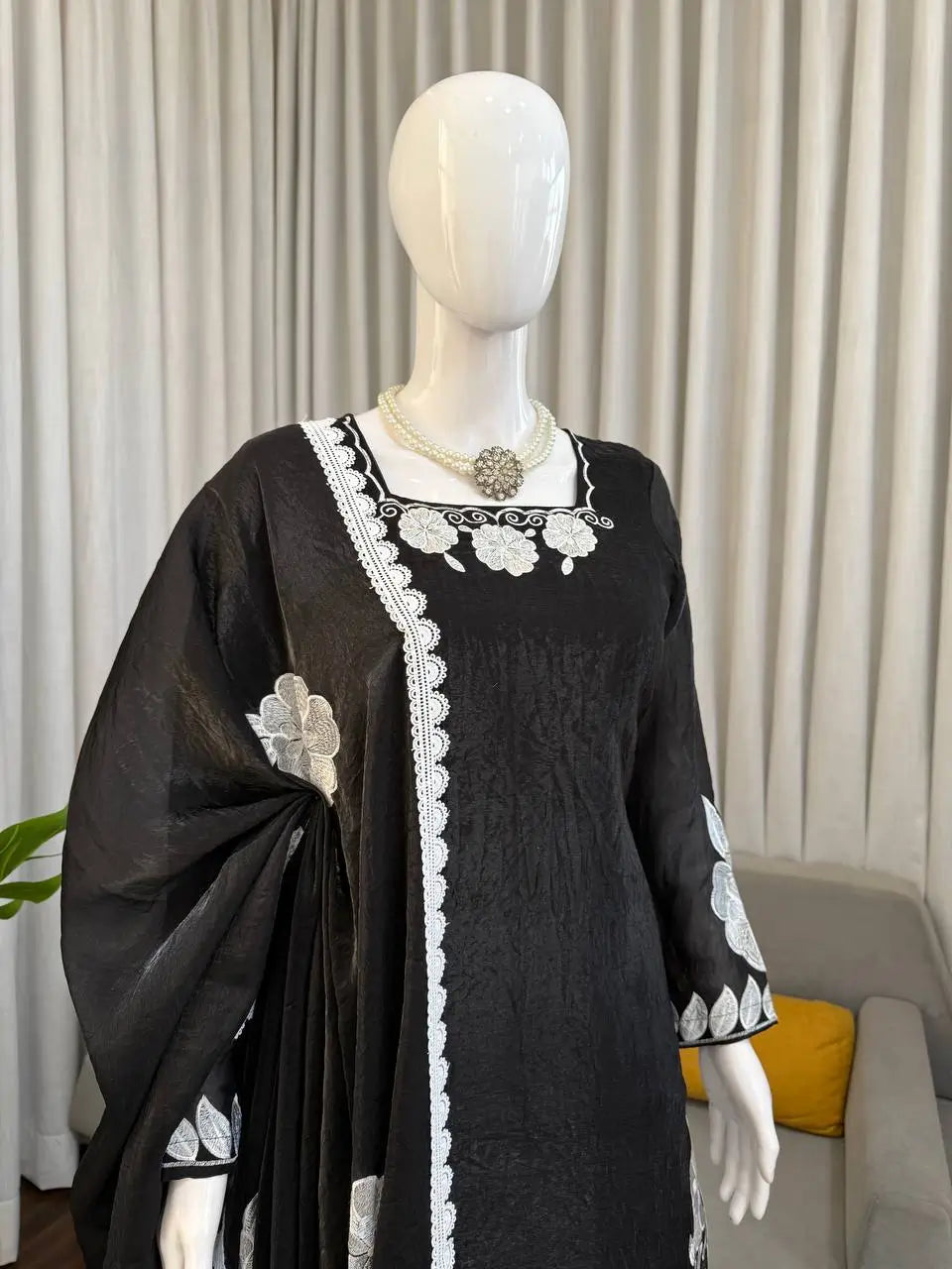 Designer Embroidered Fendy Silk Plazo Set for Festive and Party Wear