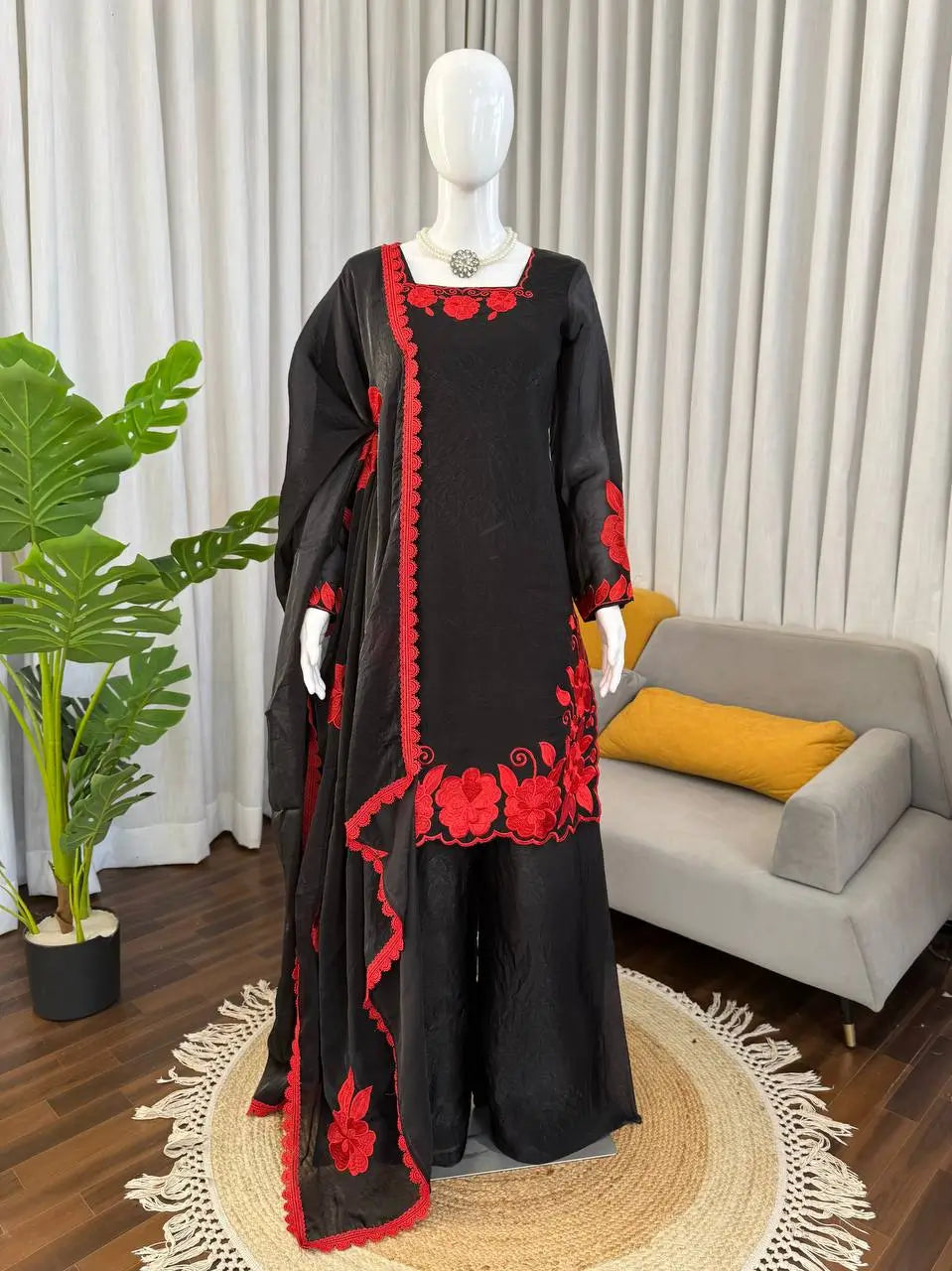 Designer Embroidered Fendy Silk Plazo Set for Festive and Party Wear
