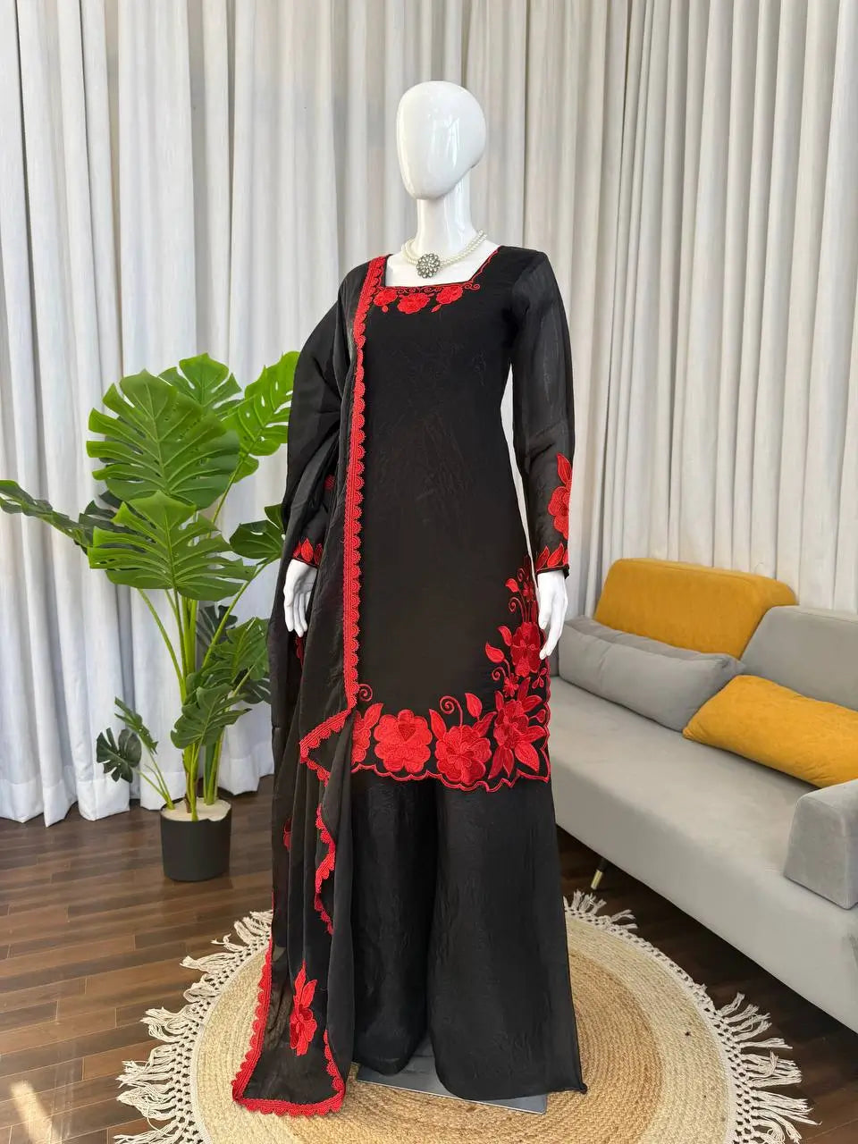 Designer Embroidered Fendy Silk Plazo Set for Festive and Party Wear