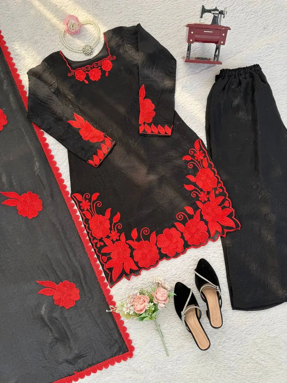 Designer Embroidered Fendy Silk Plazo Set for Festive and Party Wear