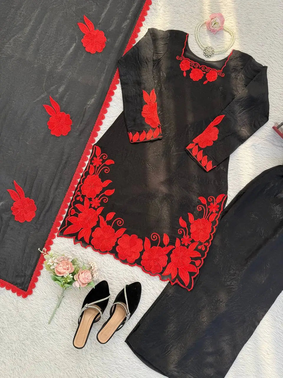 Designer Embroidered Fendy Silk Plazo Set for Festive and Party Wear