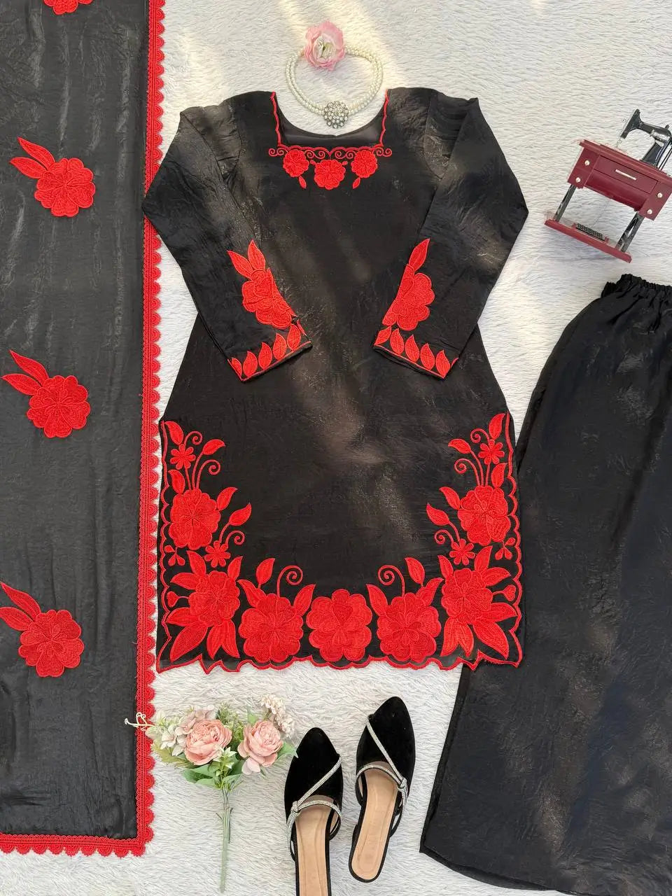 Designer Embroidered Fendy Silk Plazo Set for Festive and Party Wear