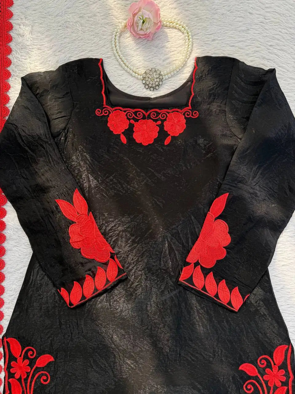 Designer Embroidered Fendy Silk Plazo Set for Festive and Party Wear
