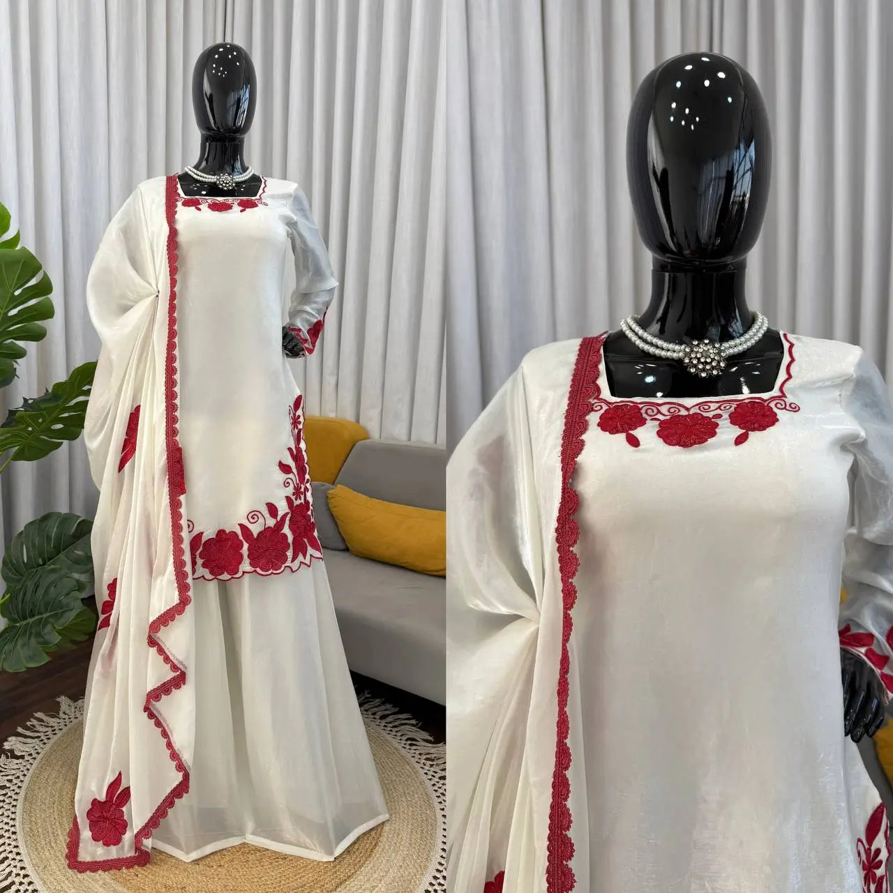 Designer Embroidered Fendy Silk Plazo Set for Festive and Party Wear