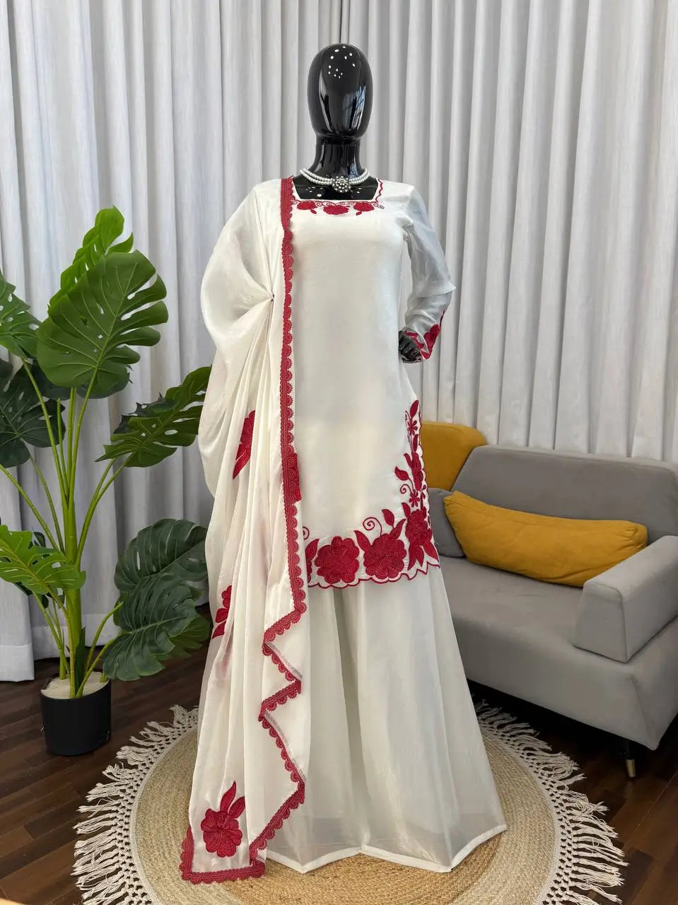 Designer Embroidered Fendy Silk Plazo Set for Festive and Party Wear