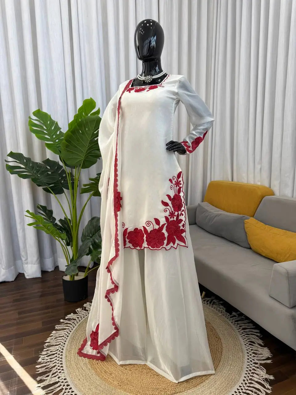 Designer Embroidered Fendy Silk Plazo Set for Festive and Party Wear
