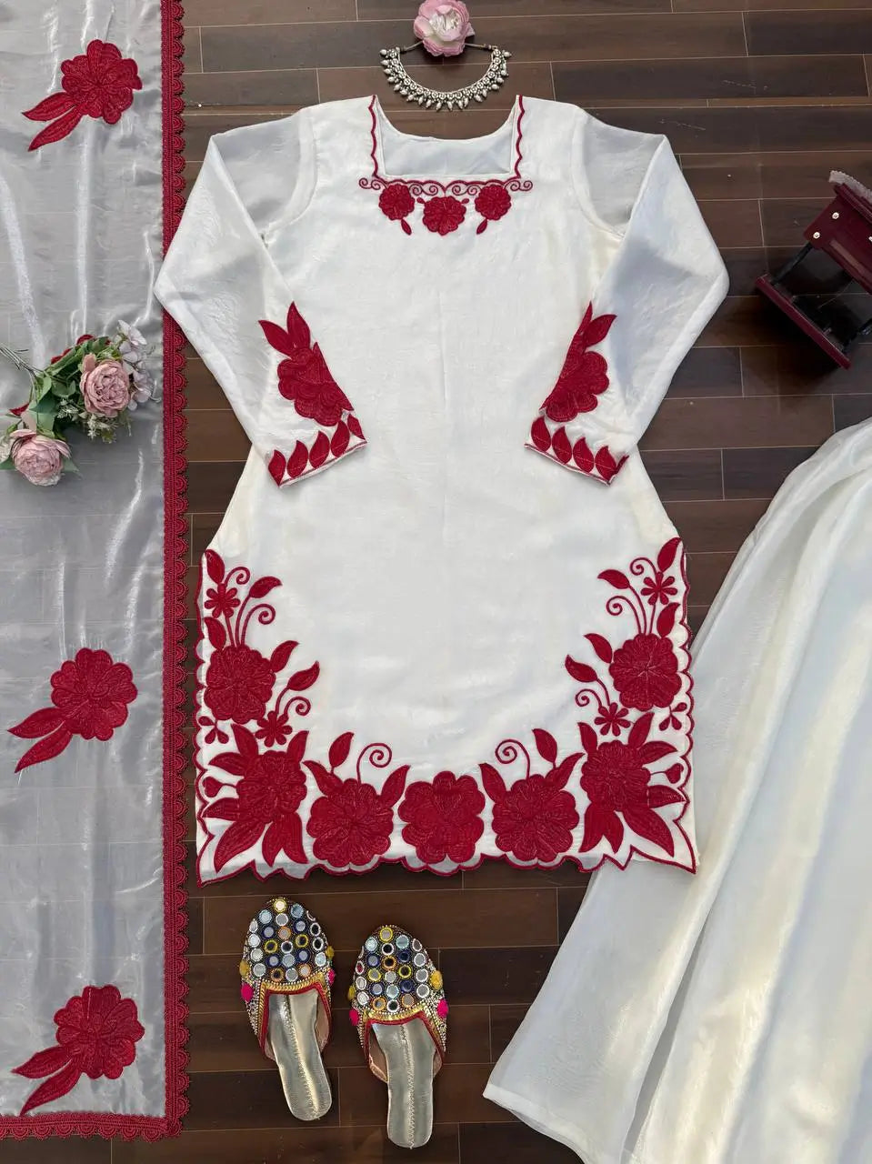 Designer Embroidered Fendy Silk Plazo Set for Festive and Party Wear