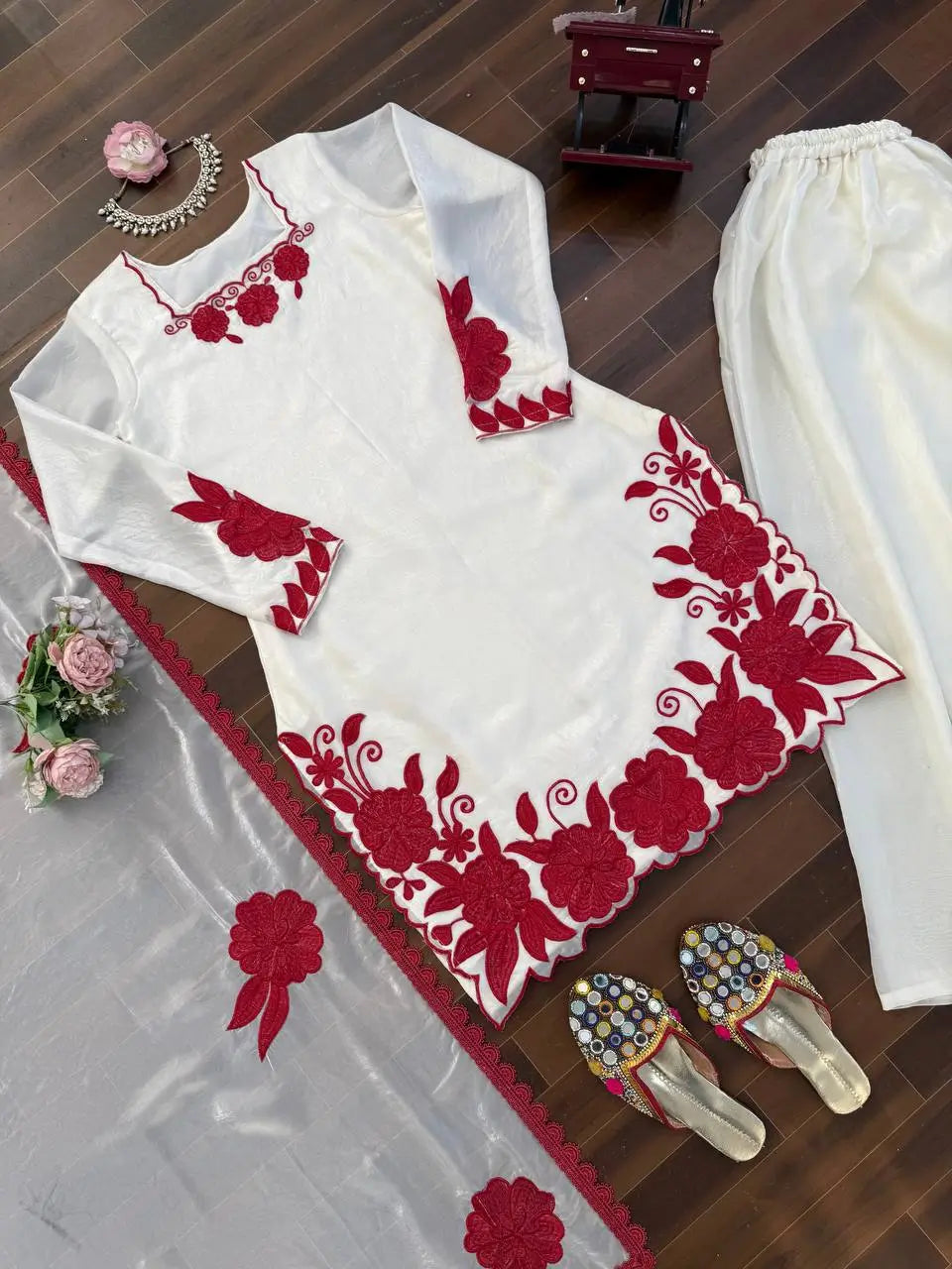 Designer Embroidered Fendy Silk Plazo Set for Festive and Party Wear
