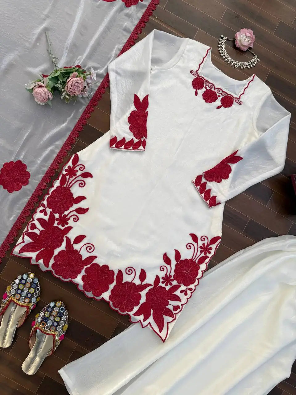 Designer Embroidered Fendy Silk Plazo Set for Festive and Party Wear