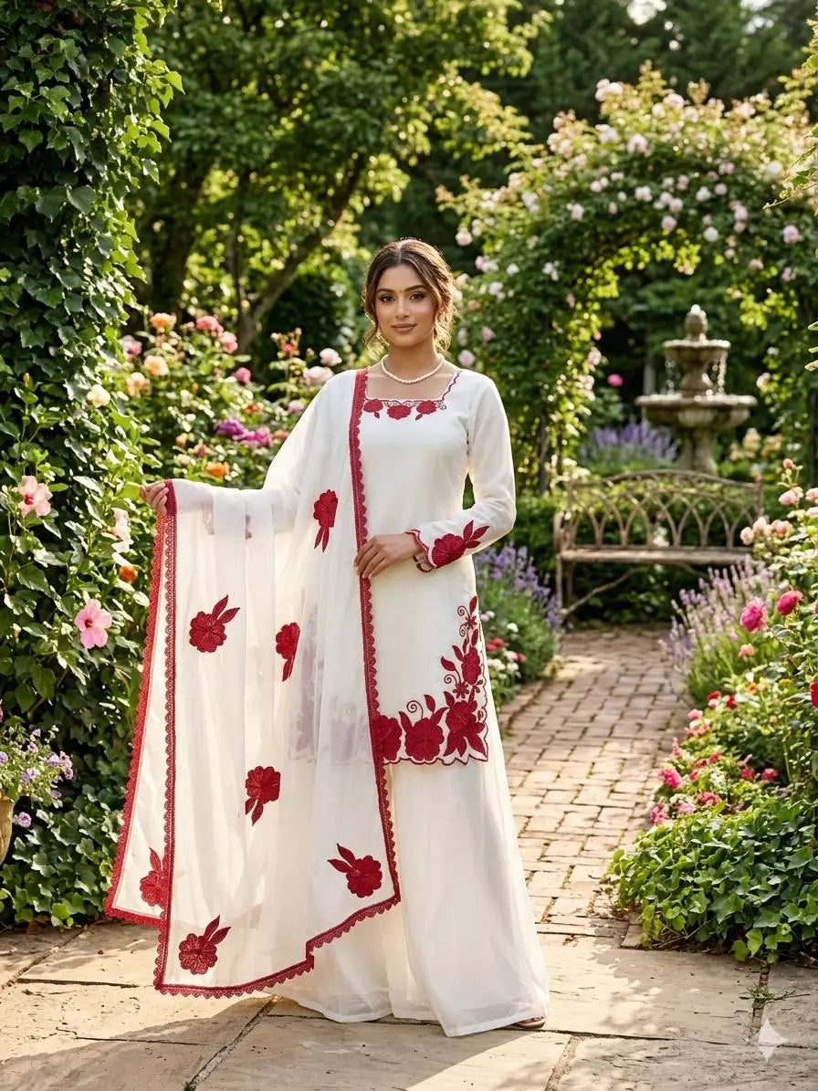 Designer Embroidered Fendy Silk Plazo Set for Festive and Party Wear