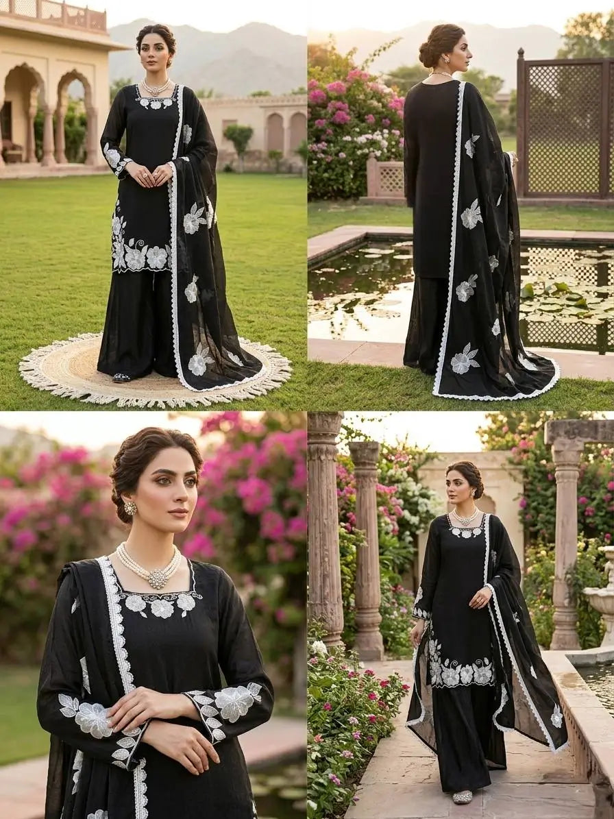 Designer Embroidered Fendy Silk Plazo Set for Festive and Party Wear