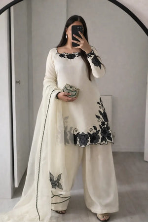 Designer Embroidered Fendy Silk Plazo Set for Festive and Party Wear
