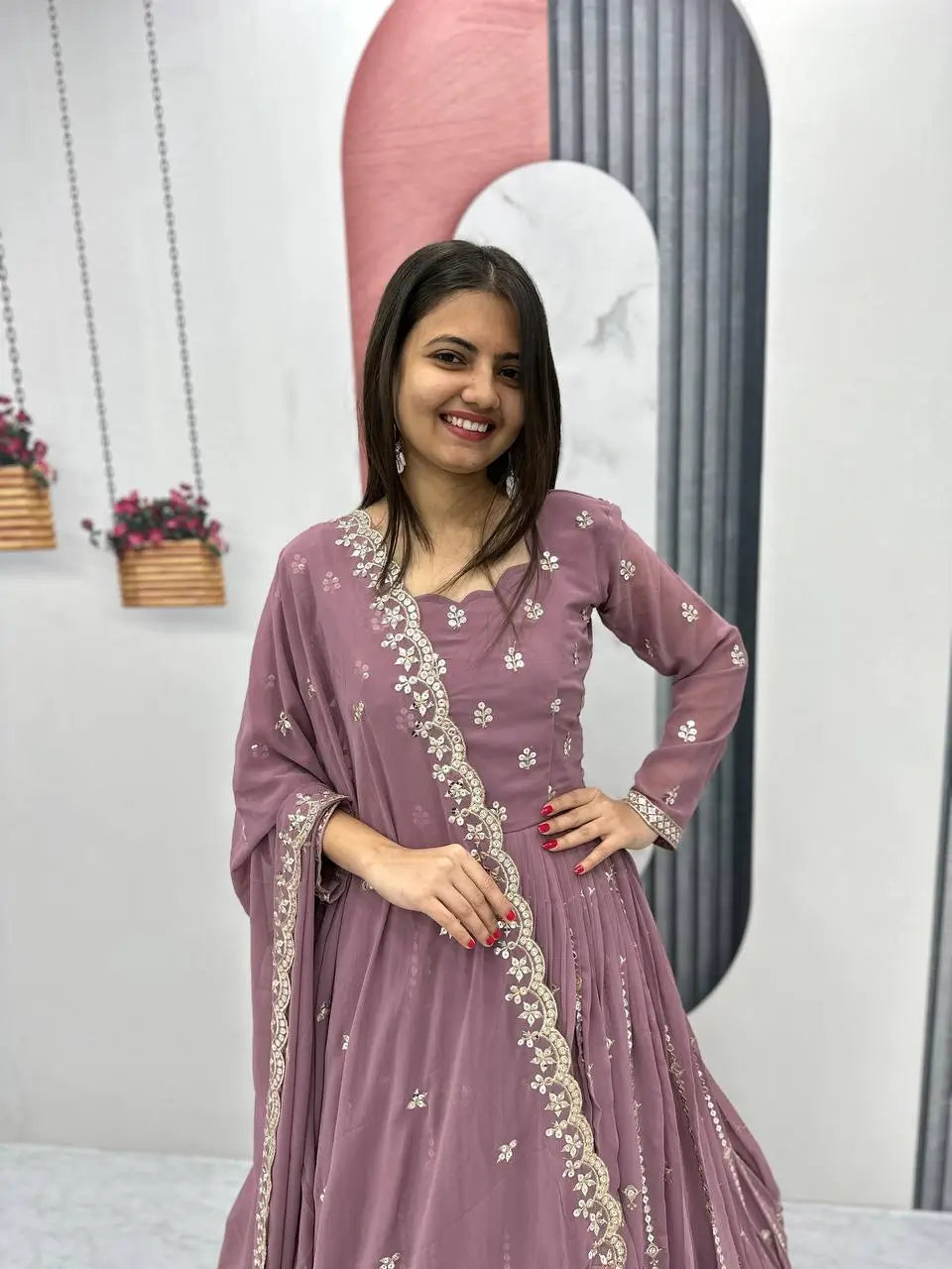 Designer Embroidered Georgette Gown with Dupatta Set