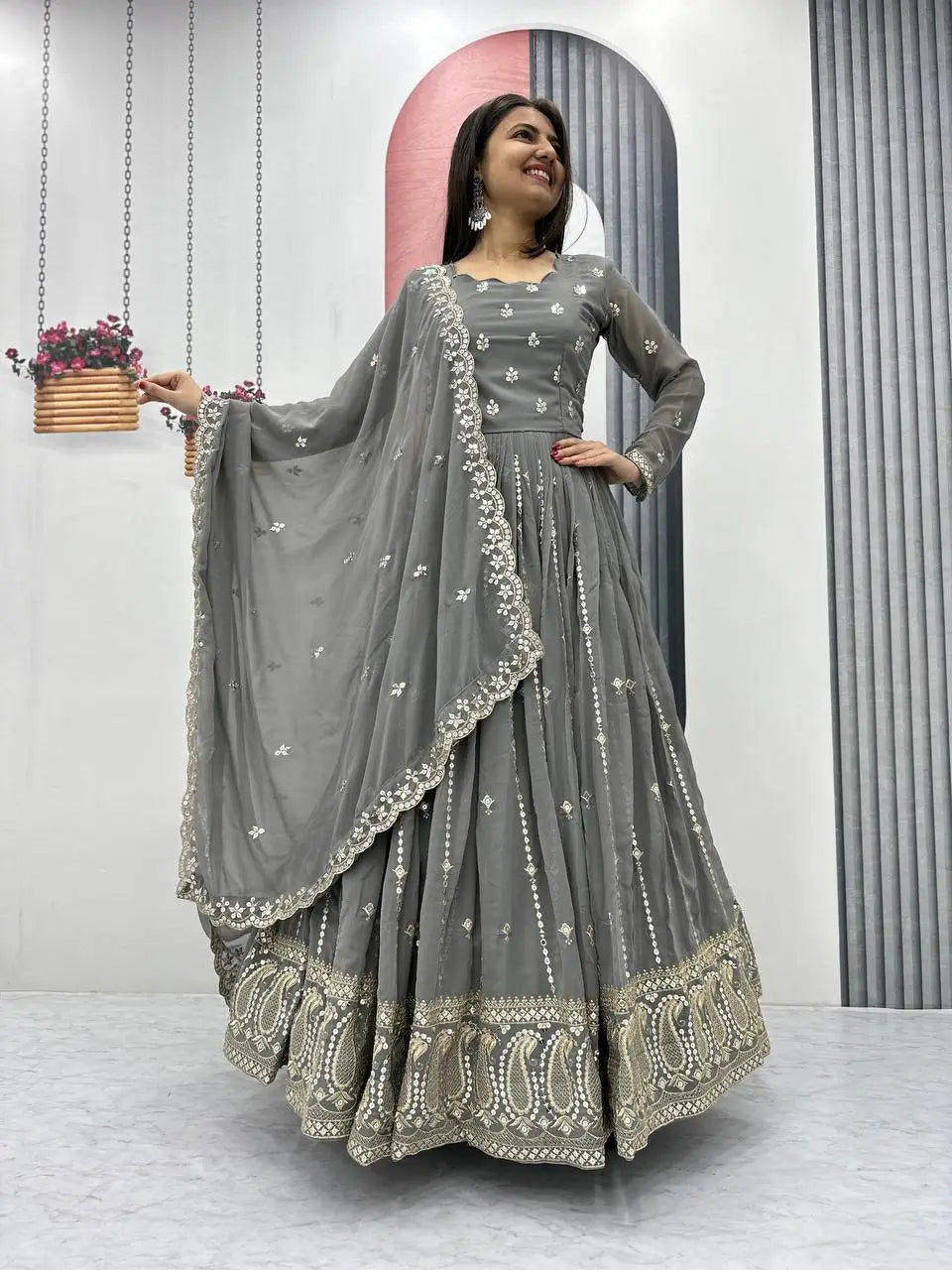 Designer Embroidered Georgette Gown with Dupatta Set