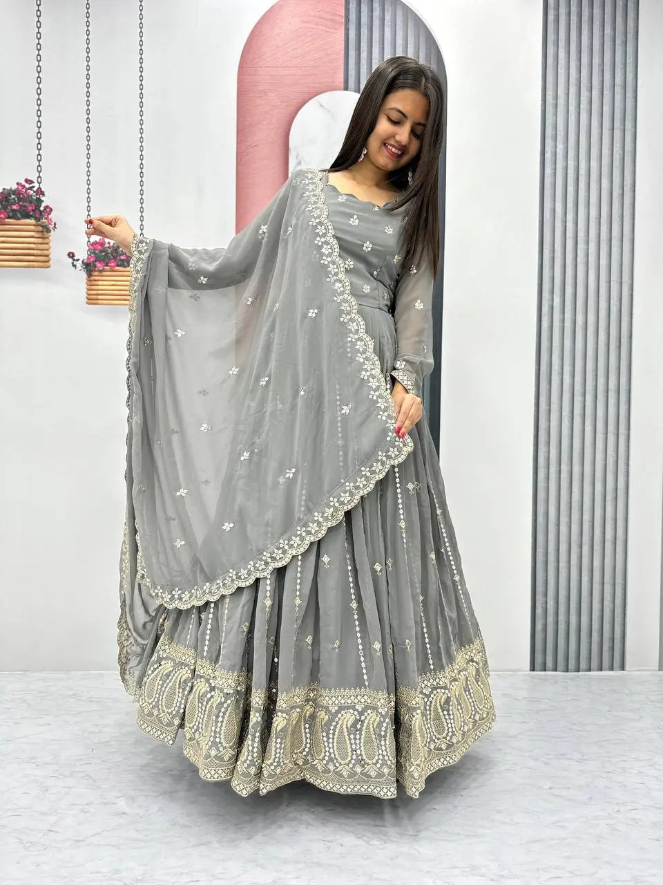 Designer Embroidered Georgette Gown with Dupatta Set