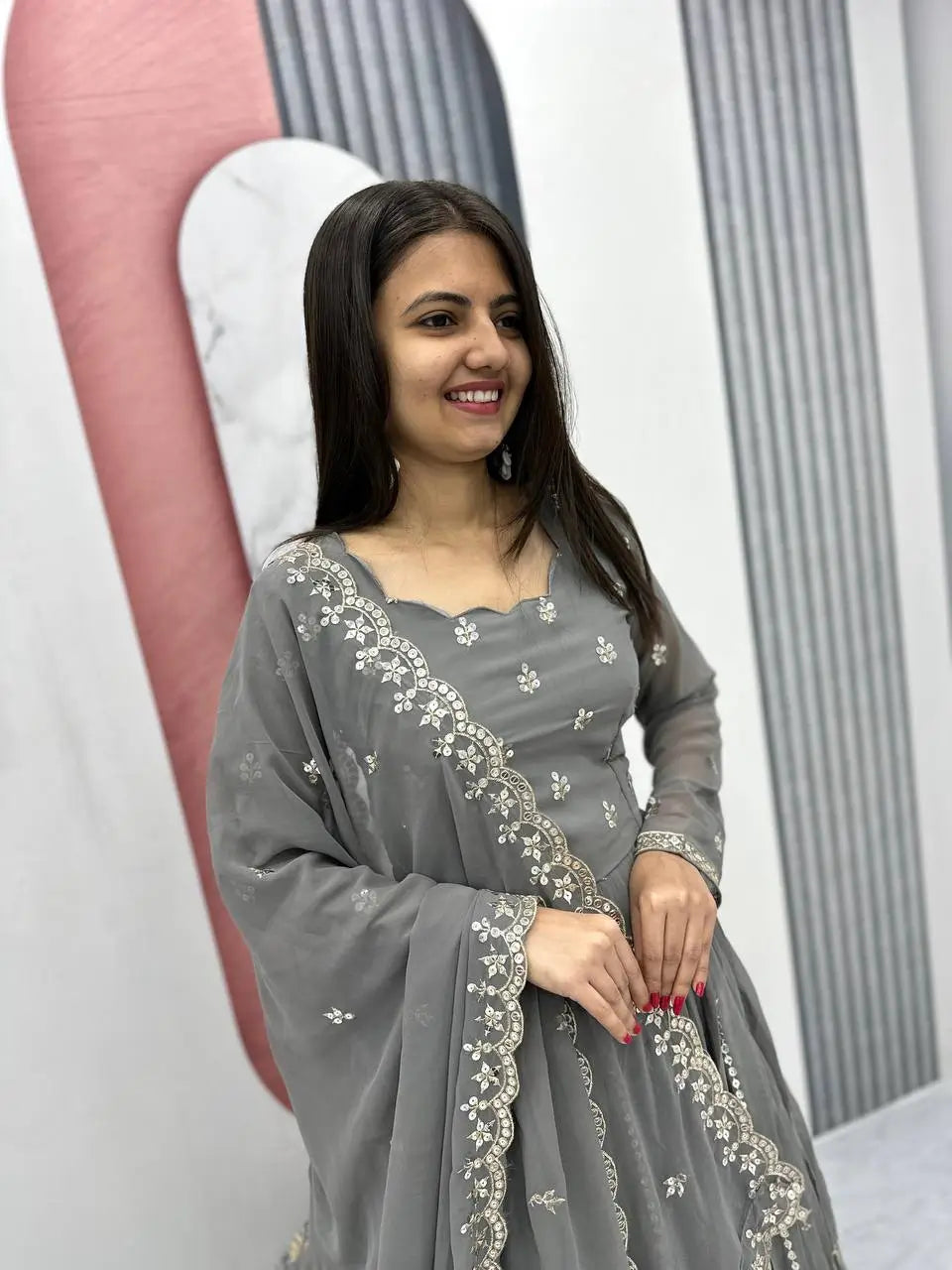 Designer Embroidered Georgette Gown with Dupatta Set