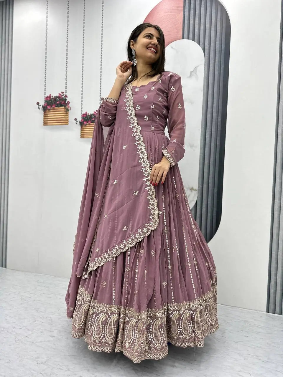 Designer Embroidered Georgette Gown with Dupatta Set