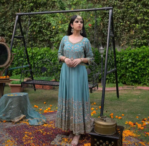 Designer Embroidered Georgette Gown with Dupatta Set