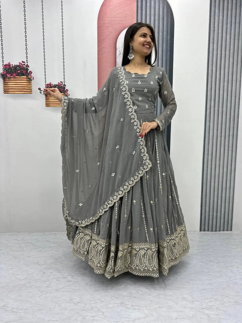 Designer Embroidered Georgette Gown with Dupatta Set