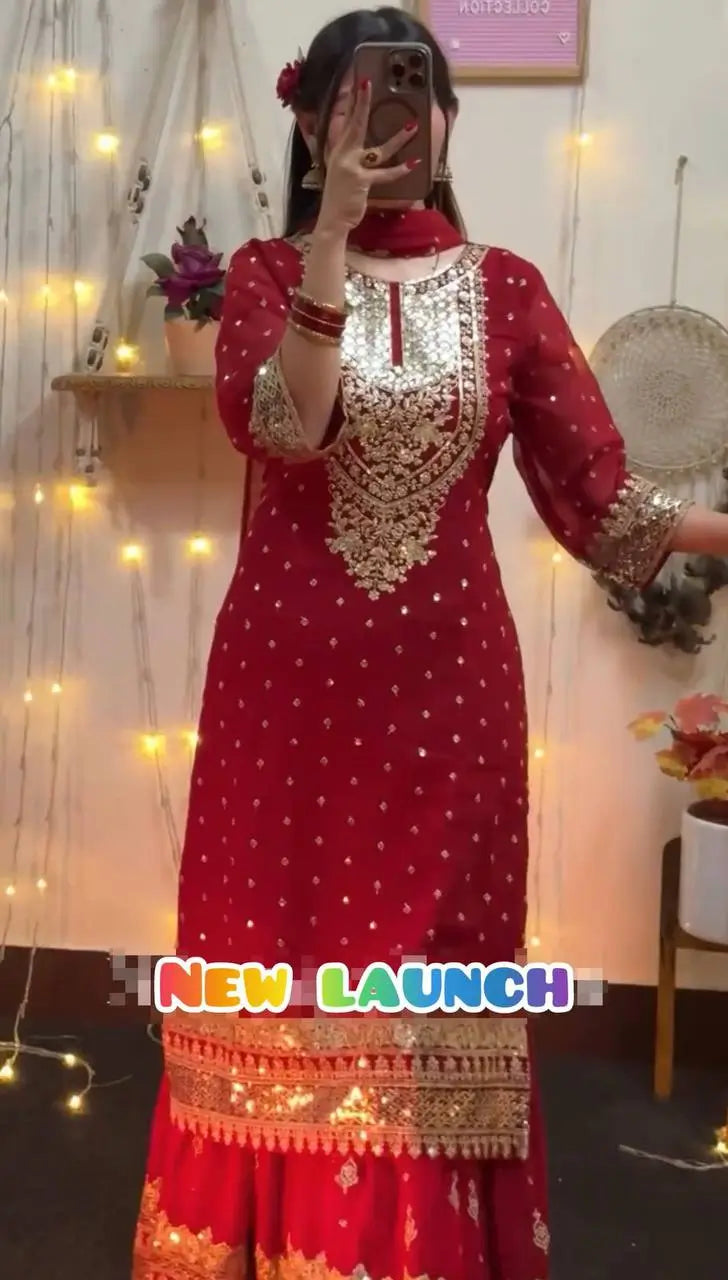 Designer Embroidered Georgette Palazzo and Dupatta Set