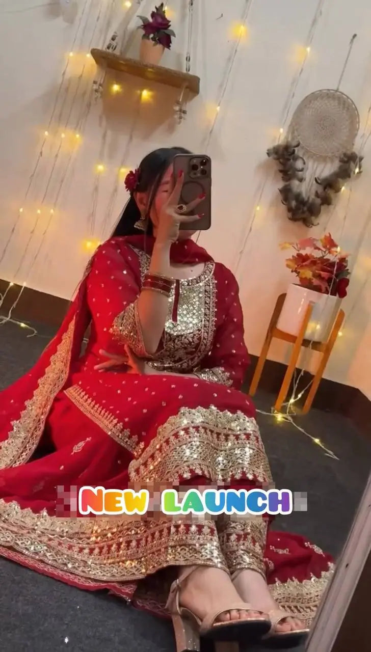 Designer Embroidered Georgette Palazzo and Dupatta Set