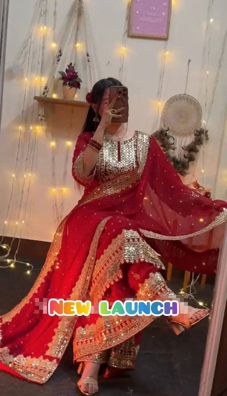 Designer Embroidered Georgette Palazzo and Dupatta Set