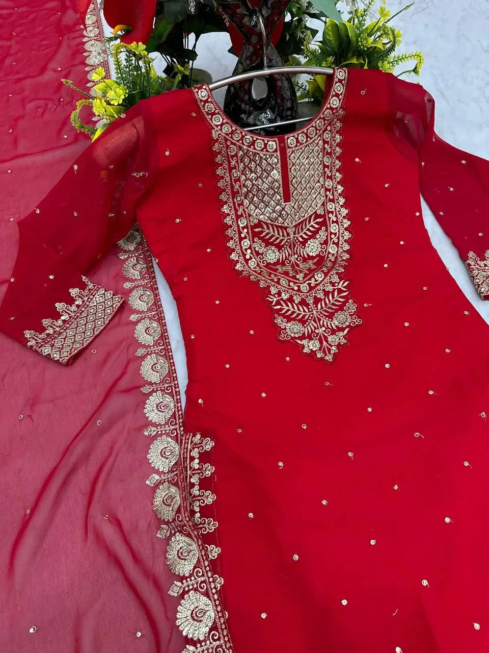 Designer Embroidered Georgette Palazzo and Dupatta Set