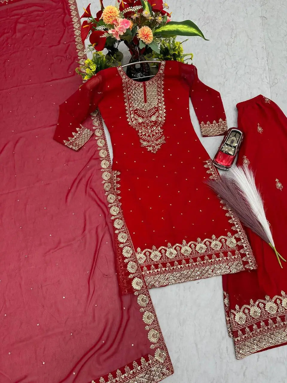 Designer Embroidered Georgette Palazzo and Dupatta Set