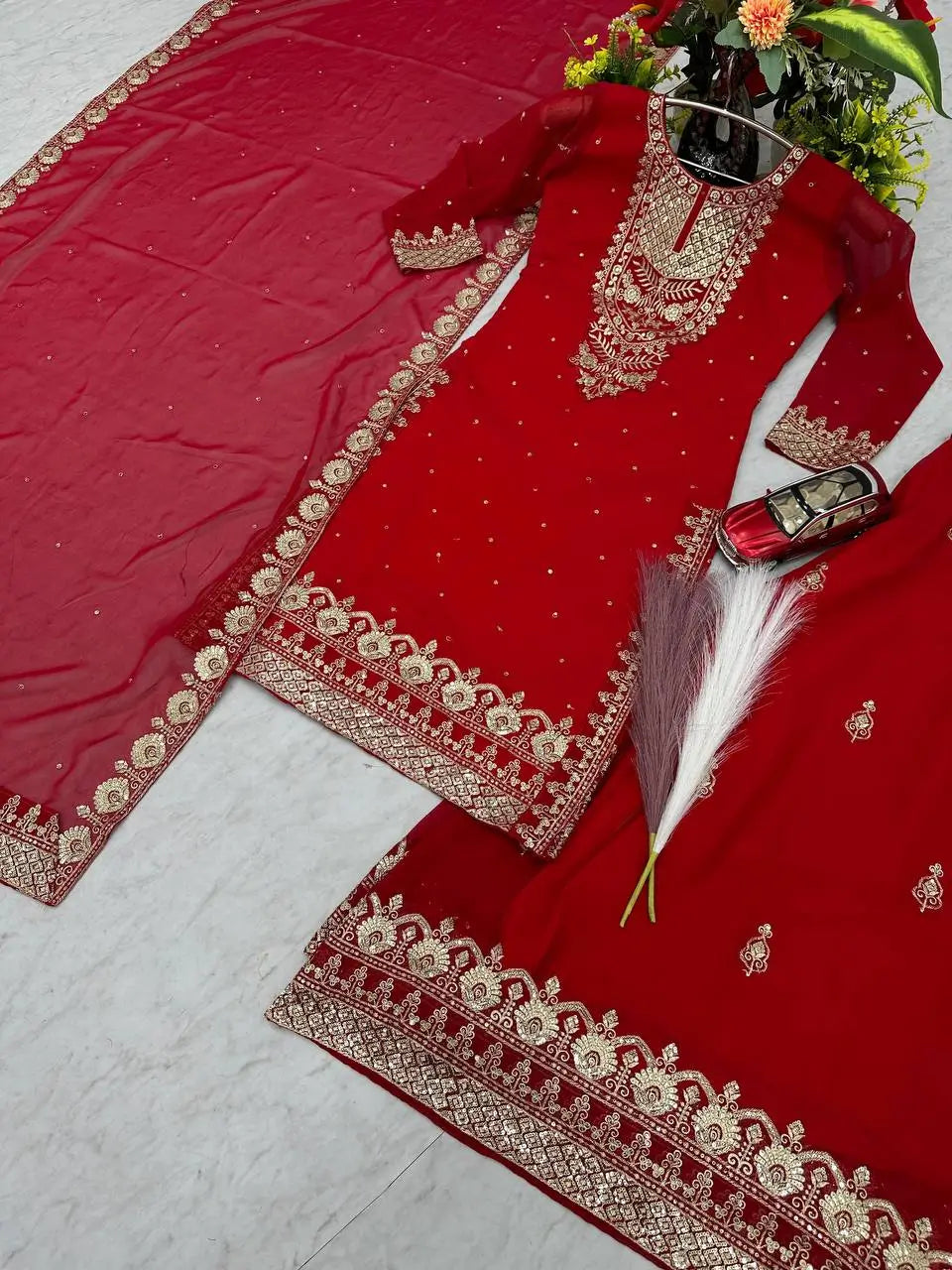 Designer Embroidered Georgette Palazzo and Dupatta Set