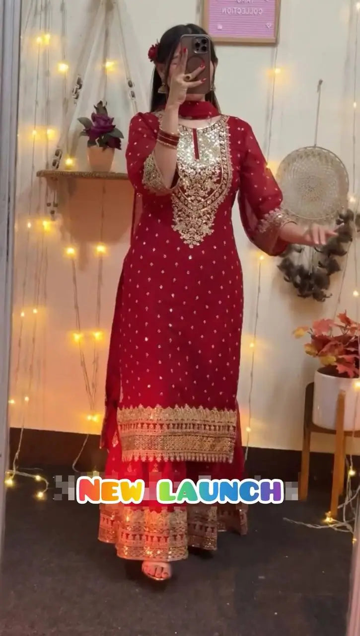 Designer Embroidered Georgette Palazzo and Dupatta Set