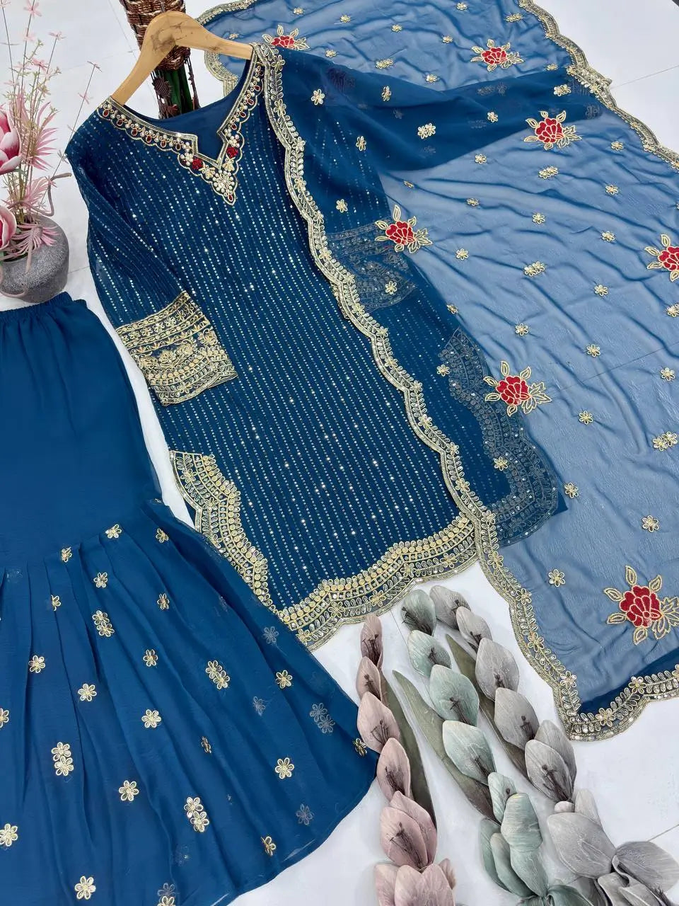 Designer Embroidered Georgette Sharara Suit Set