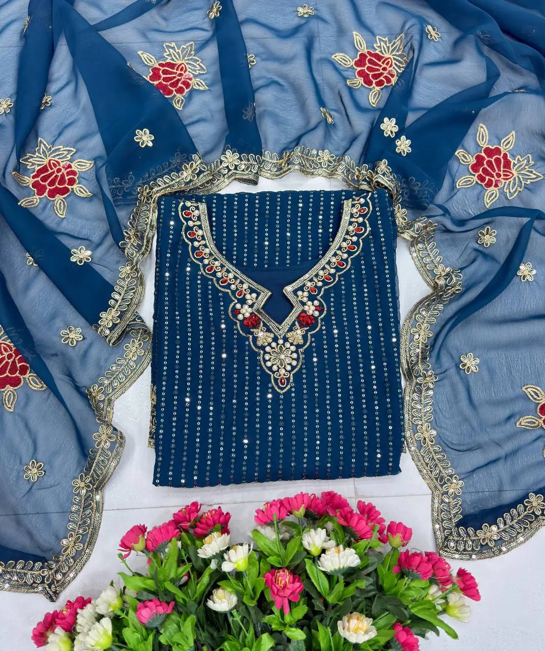 Designer Embroidered Georgette Sharara Suit Set