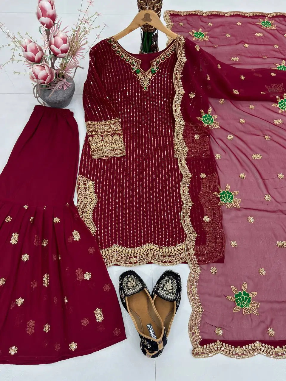 Designer Embroidered Georgette Sharara Suit Set