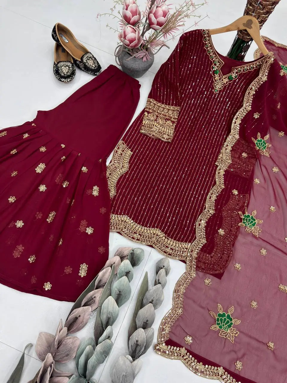 Designer Embroidered Georgette Sharara Suit Set