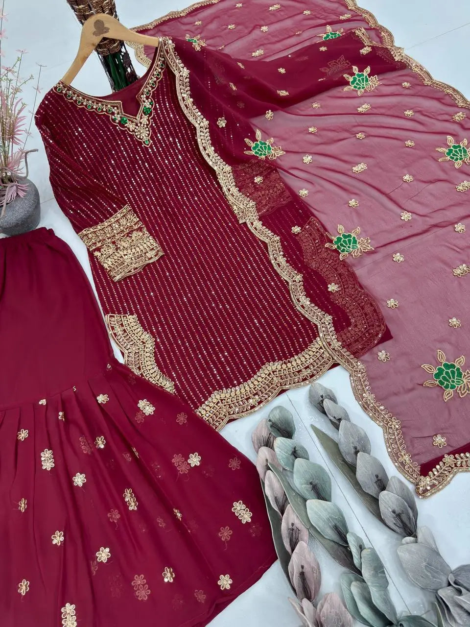 Designer Embroidered Georgette Sharara Suit Set