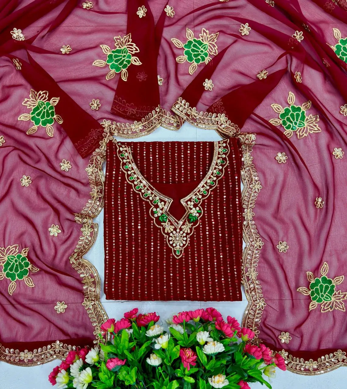 Designer Embroidered Georgette Sharara Suit Set