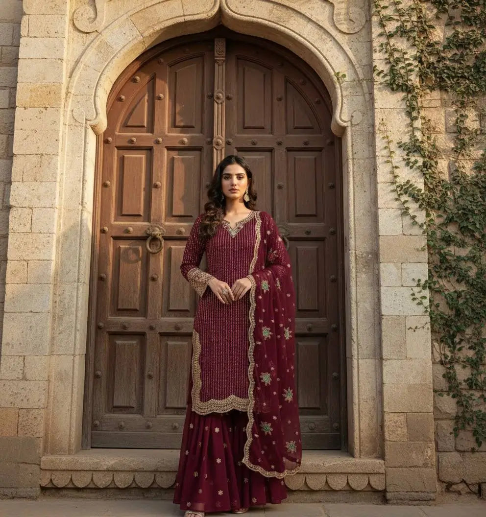 Designer Embroidered Georgette Sharara Suit Set