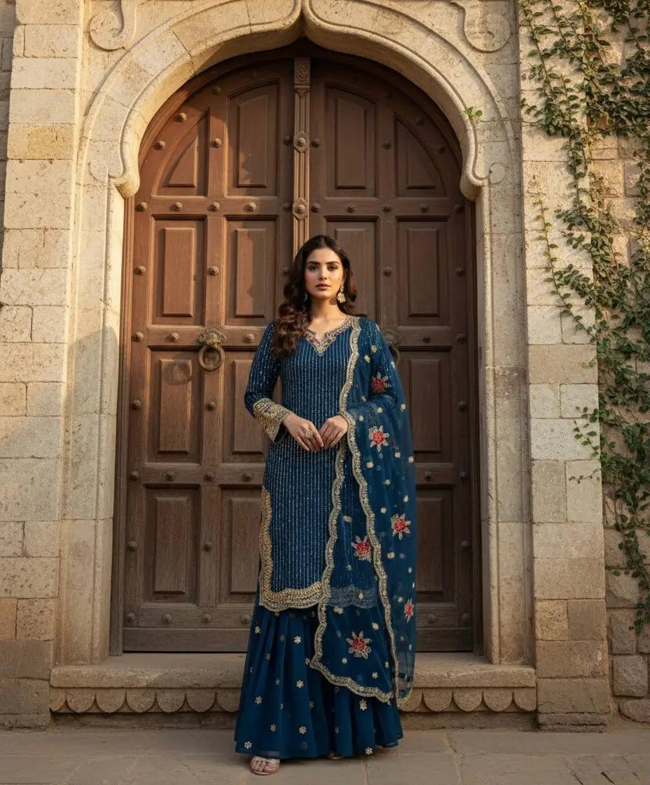 Designer Embroidered Georgette Sharara Suit Set